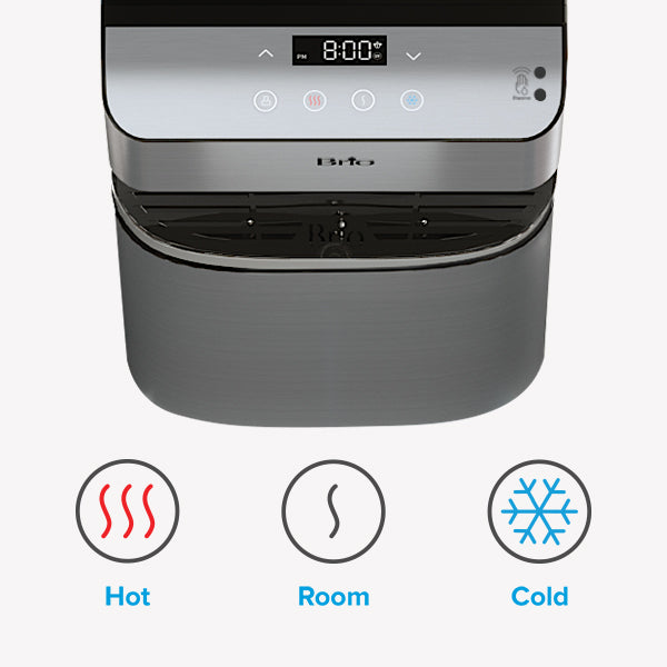 Close-up of a Brio water dispenser control panel with digital display, three buttons, and icons below showing options for hot, room, and cold water, represented by red, grey, and blue symbols.